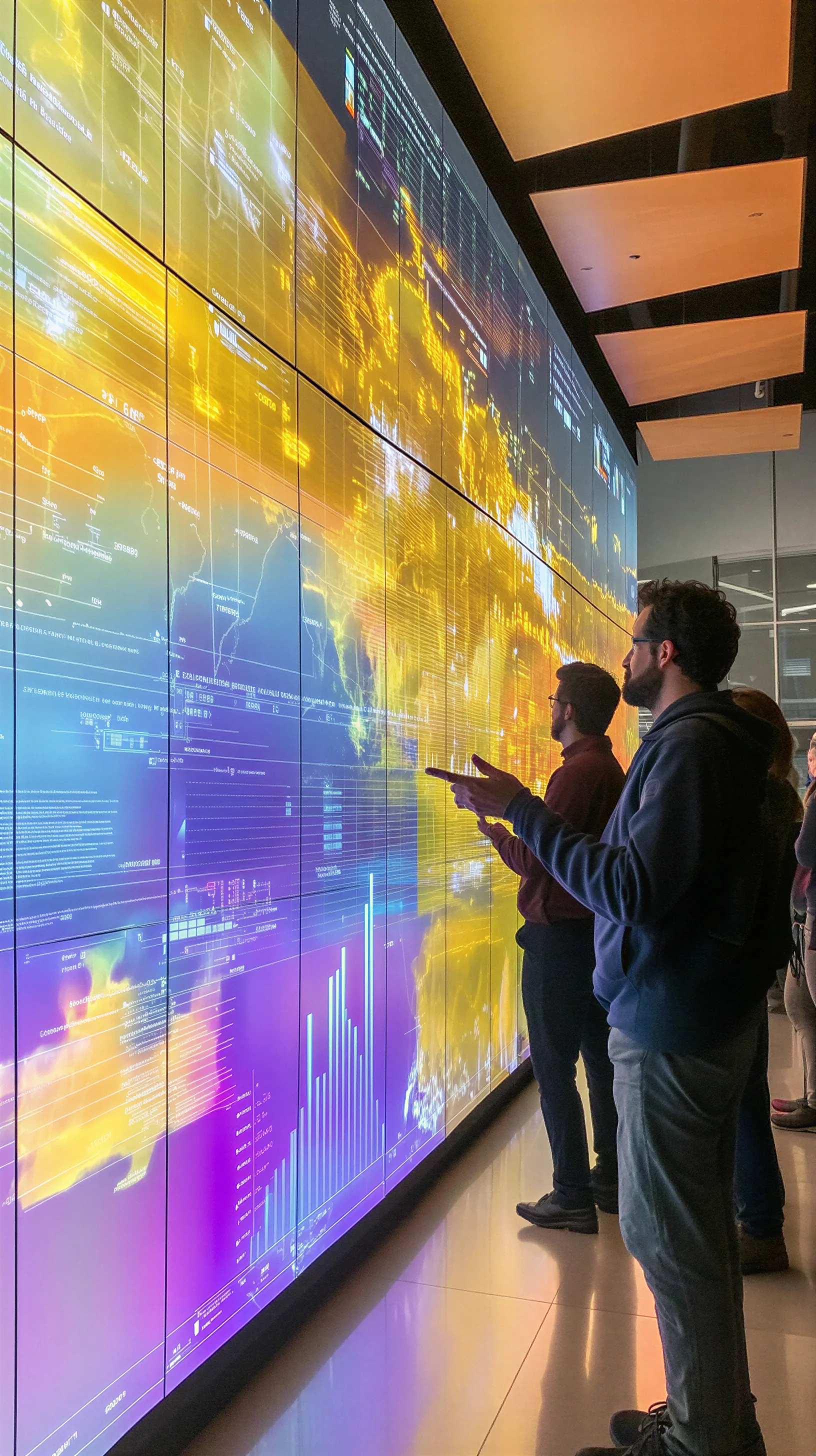 People exploring a large interactive data wall